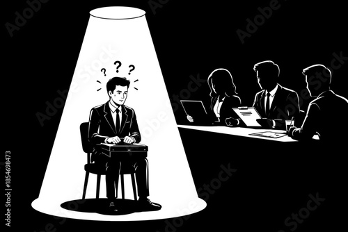 Man in spotlight looks confused during job interview with silhouetted interviewers