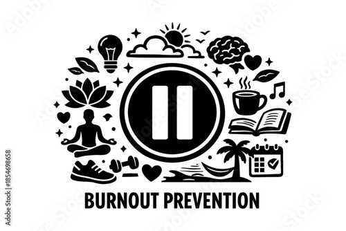 Burnout prevention icons surrounding a pause button, promoting mental well-being and self-care