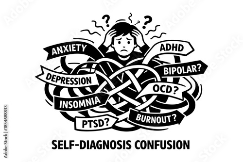 Person overwhelmed by mental health conditions and self-diagnosis confusion