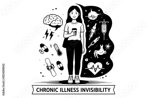 Woman with chronic illness invisibility concept, surrounded by medical symbols and brain