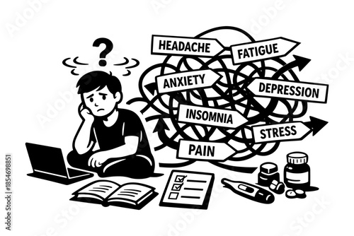 Overwhelmed student struggling with mental health issues and academic pressure