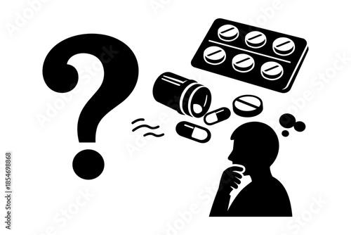 Person contemplating medication choices with a large question mark nearby