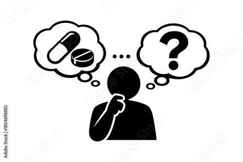 Person contemplating between medication options and uncertainty with a question mark
