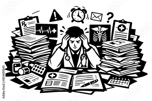 Overwhelmed doctor stressed with piles of medical paperwork and urgent tasks