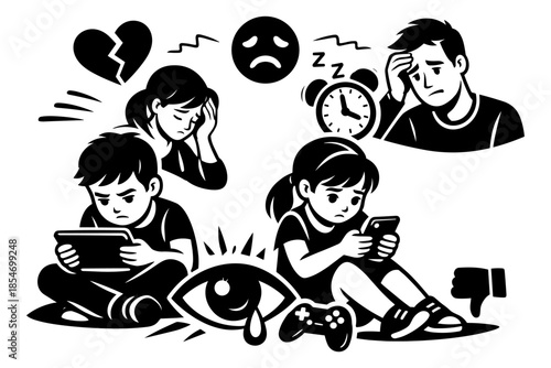 Children experiencing emotional distress from excessive screen time and digital overload