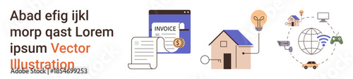 Financial planning, home automation, internet connectivity, technology integration, energy savings, global communication. Abstract visuals of invoices, smart home and internet system. Financial