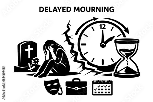 Delayed mourning concept with grieving person, clock, hourglass, and tombstone