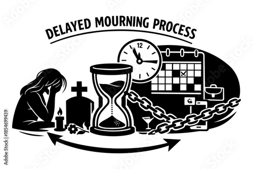 Delayed mourning process illustration with symbols of grief, time, and life's demands
