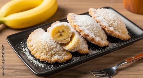 Delicious banana empanadas with powdered sugar on a black plate, with fresh bananas in the background.