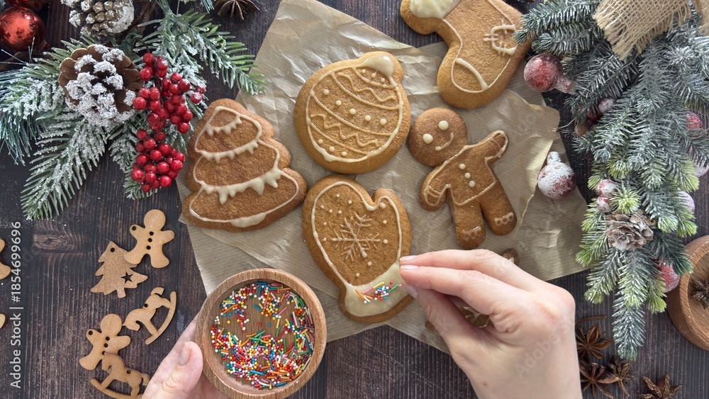 Fototapeta premium Gingerbread cookies of various shapes are laid out on the table. The maker decorates them with colorful sprinkles. Fir branches with pine cones and berries add a Christmassy feel. 
