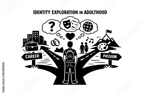 Adult choosing between career and passion at a crossroads with symbolic icons