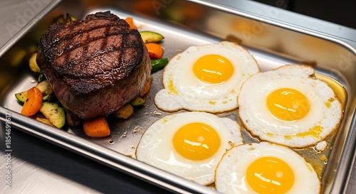 Hearty Steak and Eggs Breakfast Platter with Roasted Vegetables.