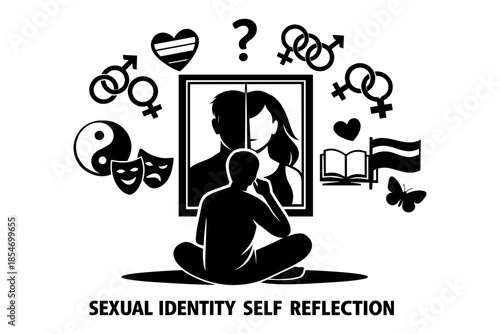 Person contemplating sexual identity and gender with symbols of self-discovery