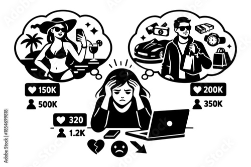 Woman stressed by social media comparison of lifestyle and wealth