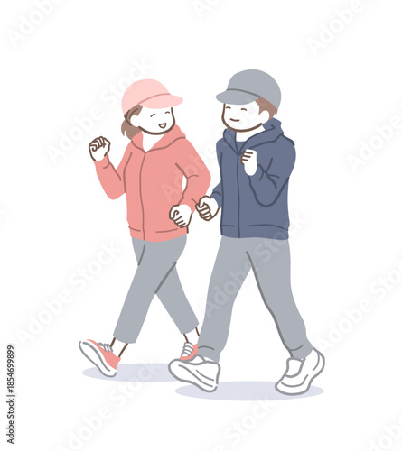 楽しそうにウォーキングする男性と女性のイラスト素材