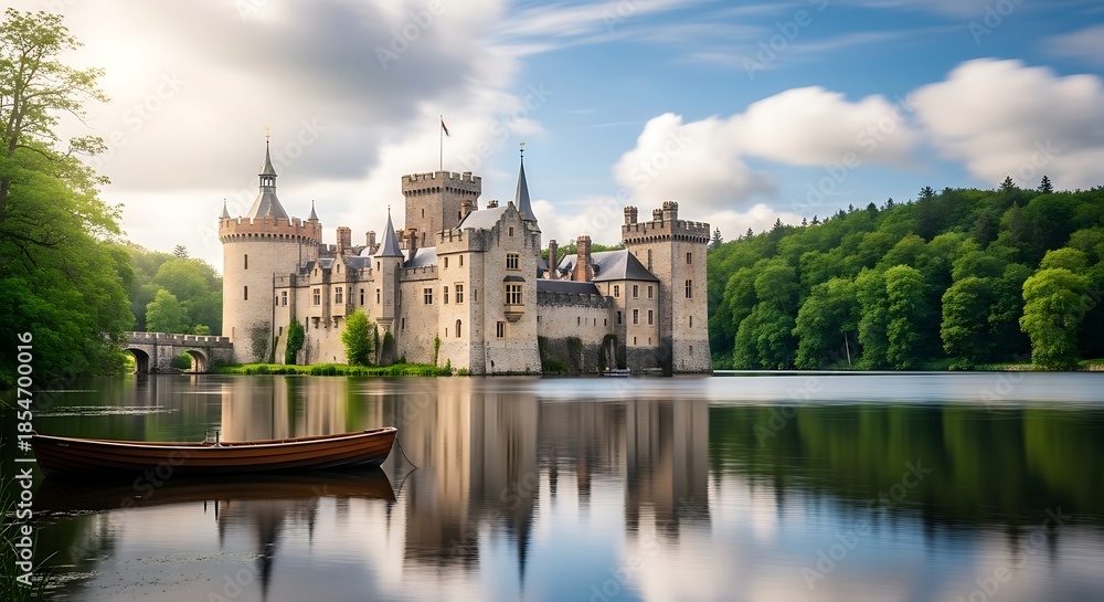 Obraz premium Majestic Castle Reflected in Serene Lake Surrounded by Lush Green Forest.