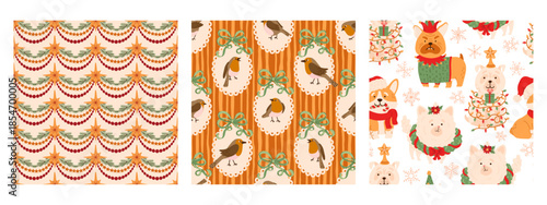Christmas Flirty Preppy coquette bow seamless pattern set textile, clothes, wallpaper, wrapping