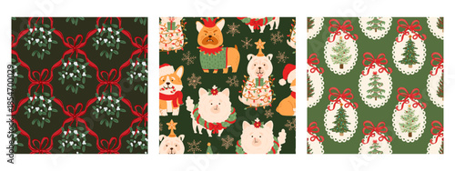 Christmas Flirty Preppy coquette bow seamless pattern set textile, clothes, wallpaper, wrapping