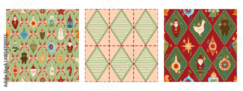 Vintage red green seamless pattern set strawberry polka dot print fabric wallpaper wrapping paper