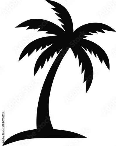 Tropical island beach landscape featuring a palm tree silhouette with coconut leaves against a summer sun and sea vector illustration