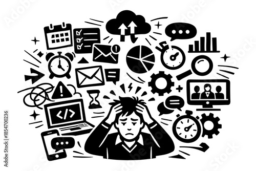 Overwhelmed businessman with many tasks and deadlines, feeling stressed and anxious