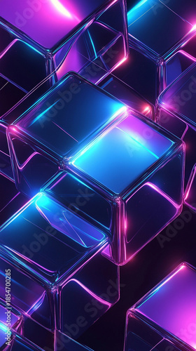 Iridescent neon cubes arranged in a modern abstract pattern, glowing with vibrant colors against a dark background, creating a futuristic, digital, and visually striking atmosphere.