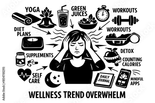 Woman overwhelmed by wellness trends like yoga, diet, and workouts