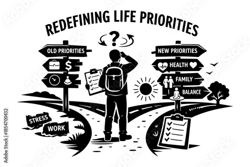 Man at crossroads deciding between old priorities like work and new priorities like health and family