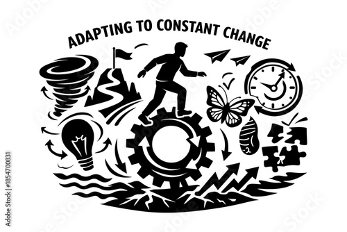 Man walking on gear symbolizing adaptation to constant change and progress