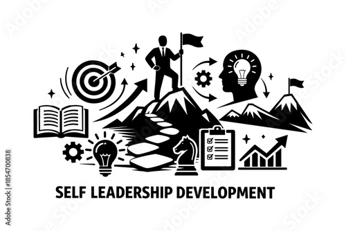 Self leadership development concept with icons representing goals, learning, and success