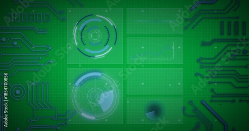 Animation of statistics recording and scope scanning with blue computer circuit board elements