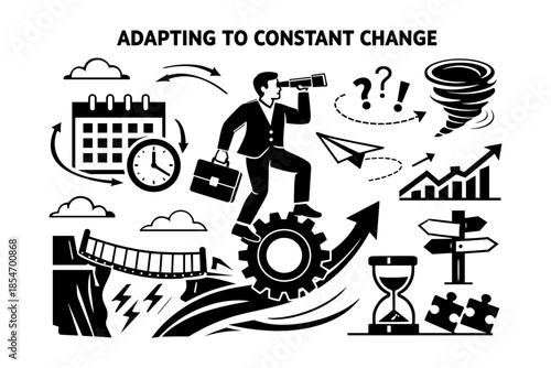 Businessman adapting to constant change, looking through telescope at future challenges