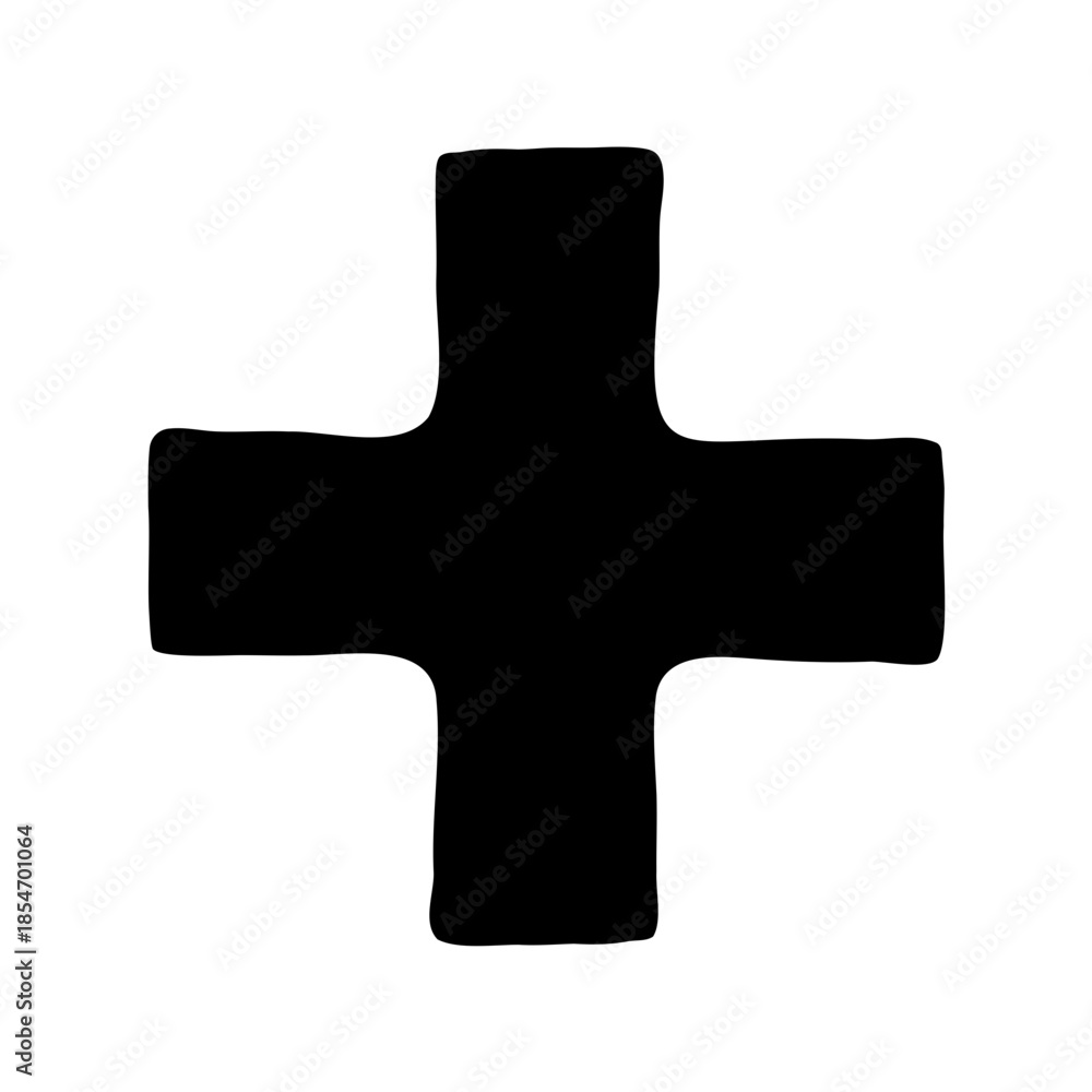 Fototapeta premium Black and white minimalist plus sign with uneven edges on a white background