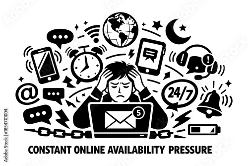 Overwhelmed person stressed by constant online availability and notifications
