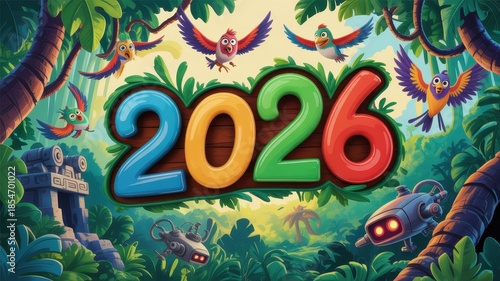 Jungle adventure 2026 with cartoon birds and robots