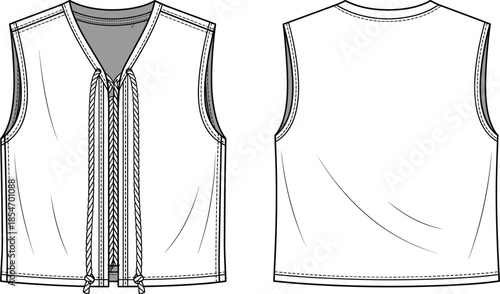 Sleeveless vest technical illustration set, front and back views, V-neck drawstring, seam details, black outline, isolated