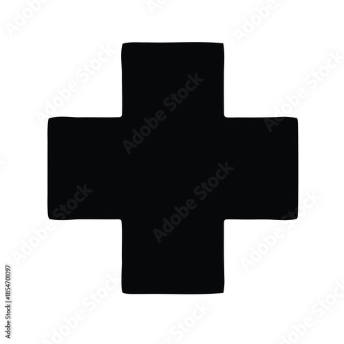 Simple black cross with slightly irregular edges, in stark contrast, isolated