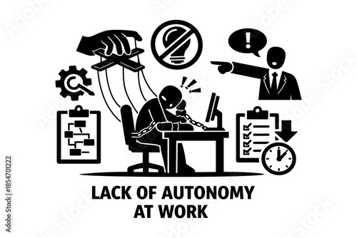 Employee chained to desk, controlled by puppet master, symbolizing lack of autonomy