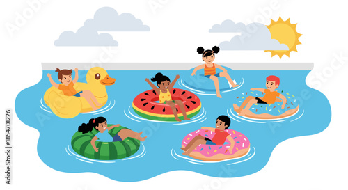 Diverse group of happy children splashing and playing in a swimming pool using colorful inflatable rings and a large duck float.