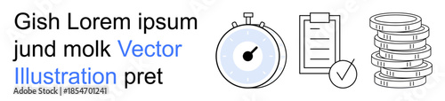 Time management, task organization, financial planning, performance tracking, goal setting, efficiency. Stopwatch, checklist clipboard and stacked coins. Time management and financial planning
