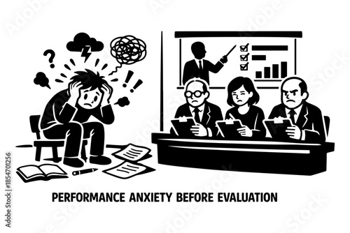 Stressed employee experiences performance anxiety before a formal evaluation by stern judges
