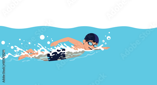 Young boy wearing goggles and a swim cap performing freestyle stroke in blue water with air bubbles and white splashes.