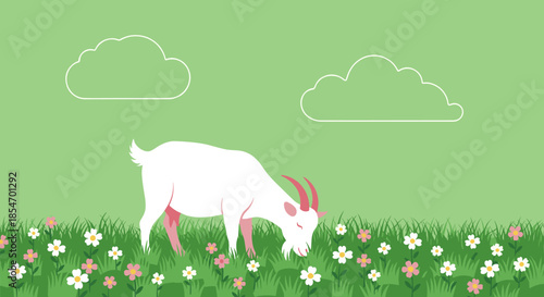 White goat grazing peacefully in a green meadow filled with white and pink flowers under a clear sky with outline clouds.