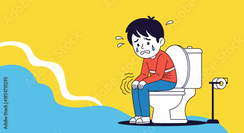 Young boy sitting on a toilet with a worried expression and sweating while experiencing a stomach ache or digestive problem.