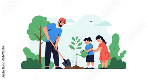 Father and his two young daughters working together in the garden to plant a small tree and water it with a watering can.