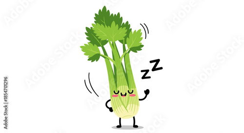 Adorable green celery character with a happy face and arms waving while surrounded by sleep symbols on a white background.