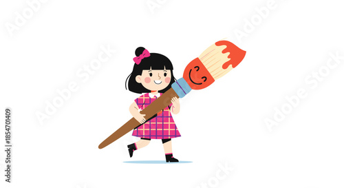 Young girl in a pink plaid dress running and carrying a large paint brush with a happy face and bright red paint.