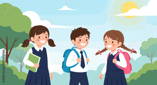 Three cheerful primary school students wearing navy uniforms and backpacks walking together to class on a beautiful sunny morning.