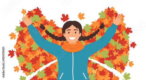 Happy young girl with pigtails lying on a large pile of colorful autumn maple leaves with her arms wide open in a beautiful park setting.