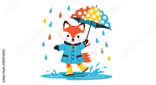 Cute orange fox wearing a blue raincoat and yellow boots holding a colorful umbrella while standing in a rain puddle.